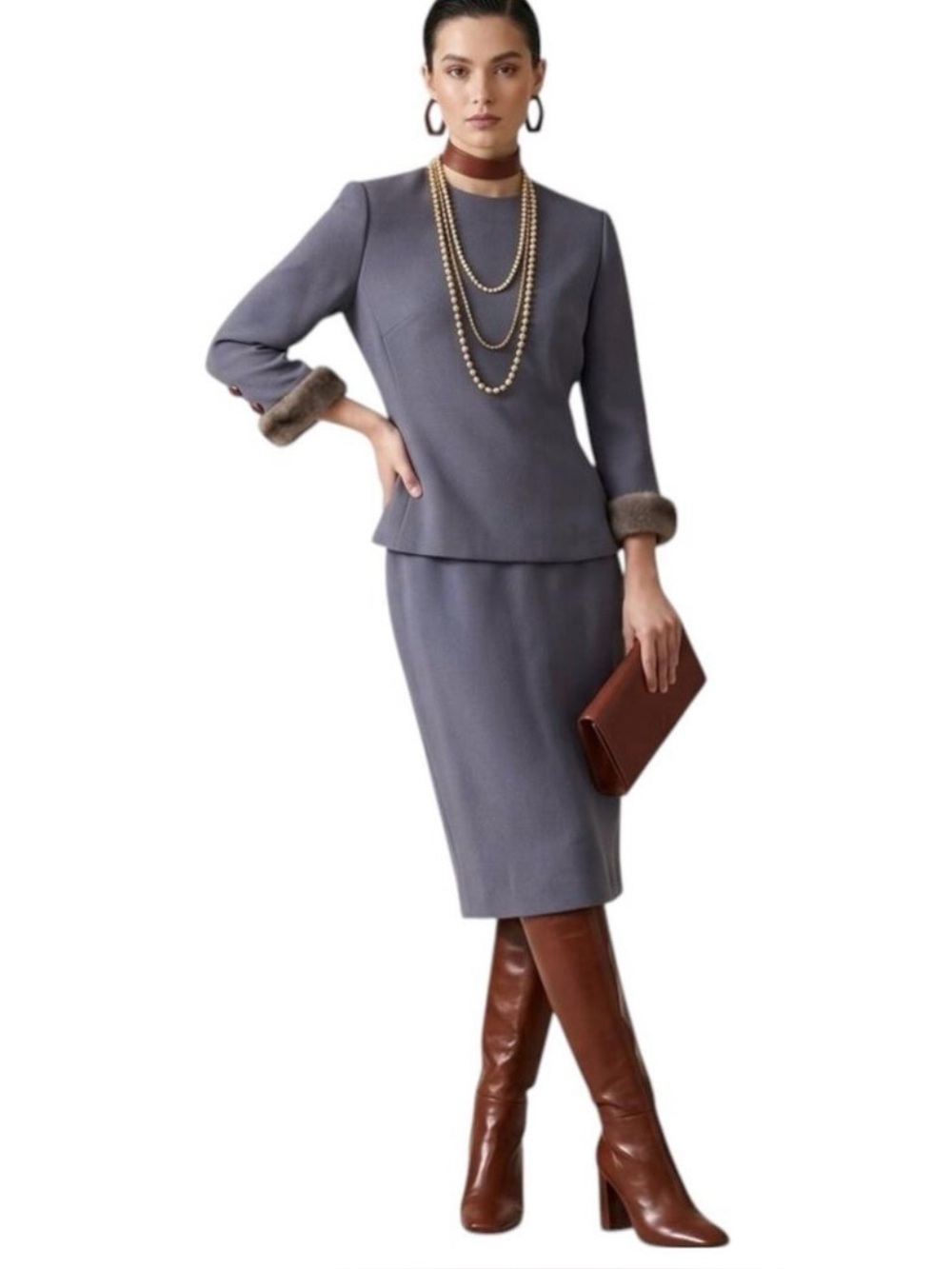 Chetta B Vintage 90's Genuine Mink Trimmed Two Piece Blue Gray Skirt Suit Size 4
